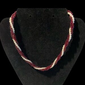 Vintage Dark Red Acrylic and Faux Pearl Twist Necklace